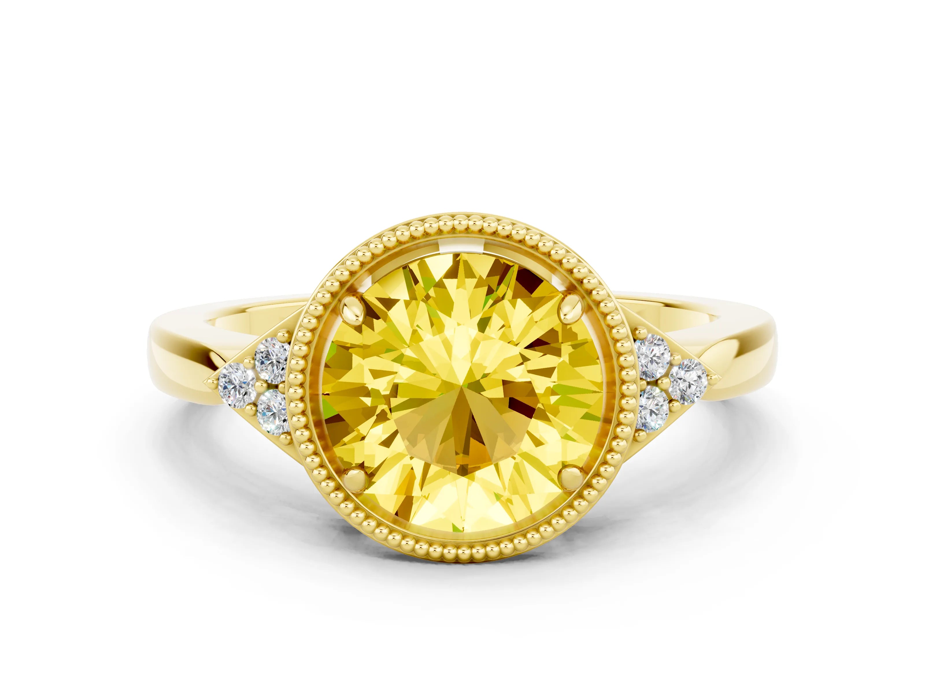 Yellow gold Round Cut Yellow Sapphire Halo Ring with Tapered Band and Four-Prong Setting
