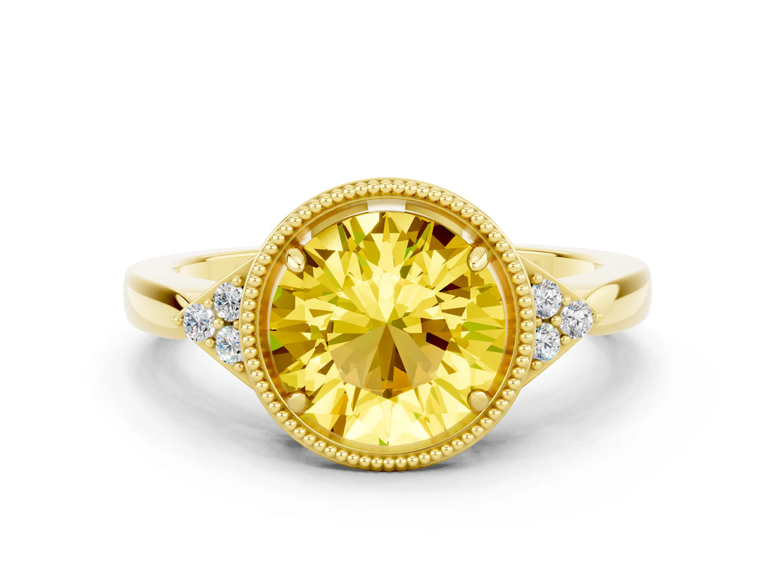 Yellow gold Round Cut Yellow Sapphire Halo Ring with Tapered Band and Four-Prong Setting