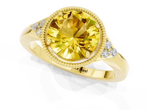 Yellow gold Round Cut Yellow Sapphire Halo Ring with Tapered Band and Four-Prong Setting_1