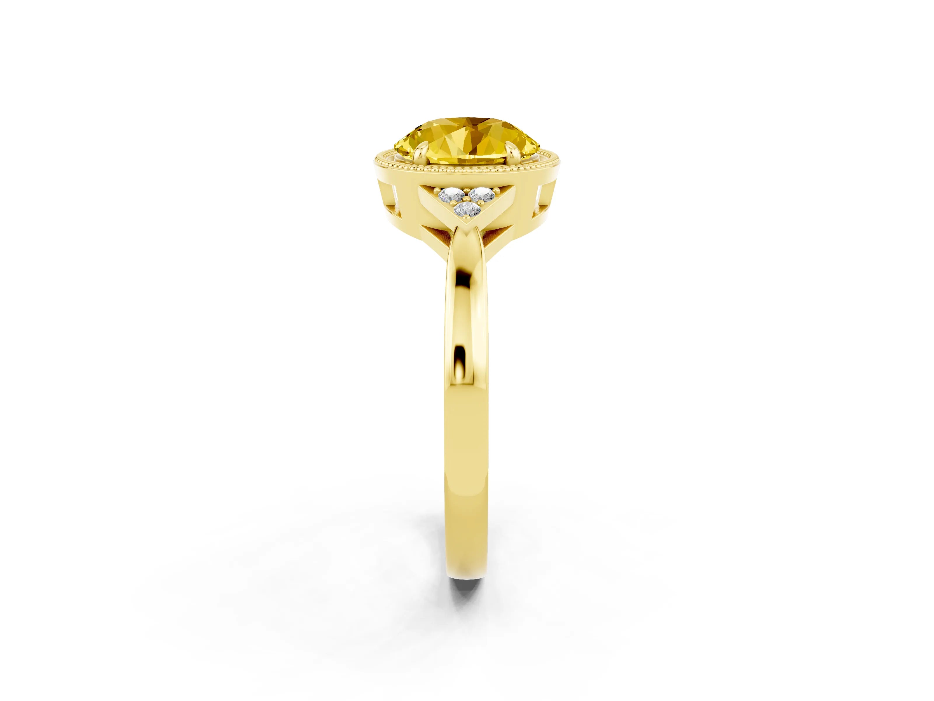 Yellow gold Round Cut Yellow Sapphire Halo Ring with Tapered Band and Four-Prong Setting_2