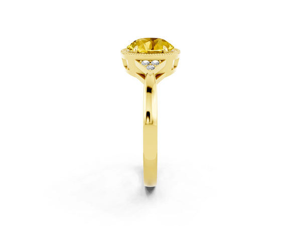 Yellow gold Round Cut Yellow Sapphire Halo Ring with Tapered Band and Four-Prong Setting