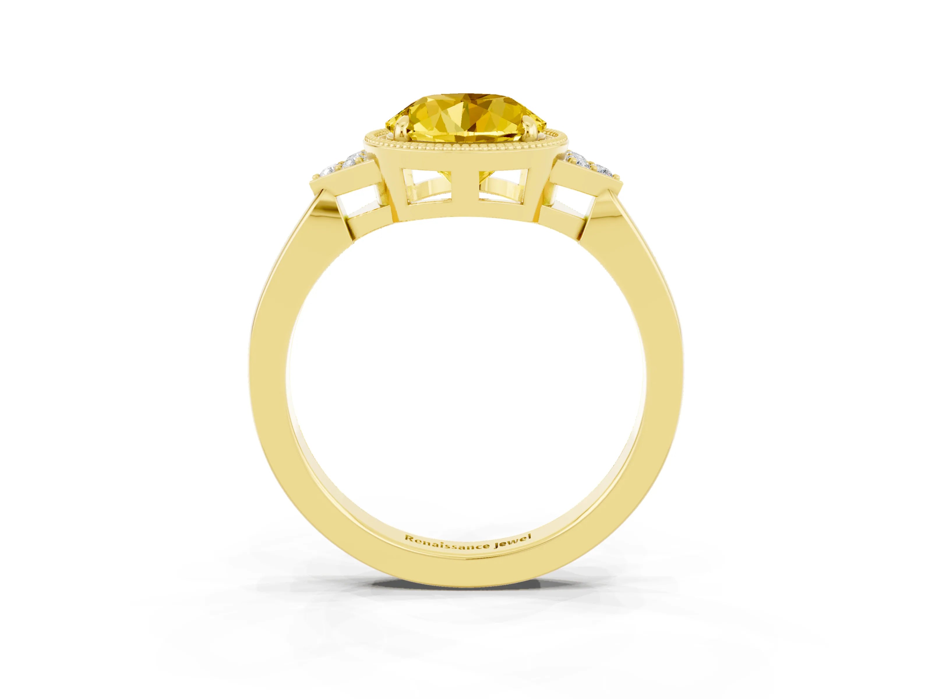 Yellow gold Round Cut Yellow Sapphire Halo Ring with Tapered Band and Four-Prong Setting_3
