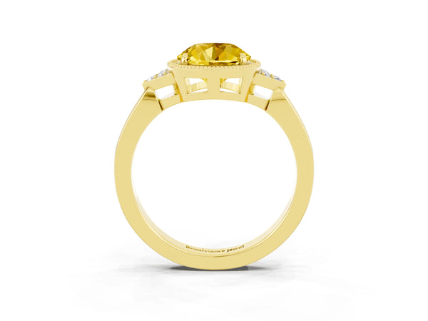 Yellow gold Round Cut Yellow Sapphire Halo Ring with Tapered Band and Four-Prong Setting