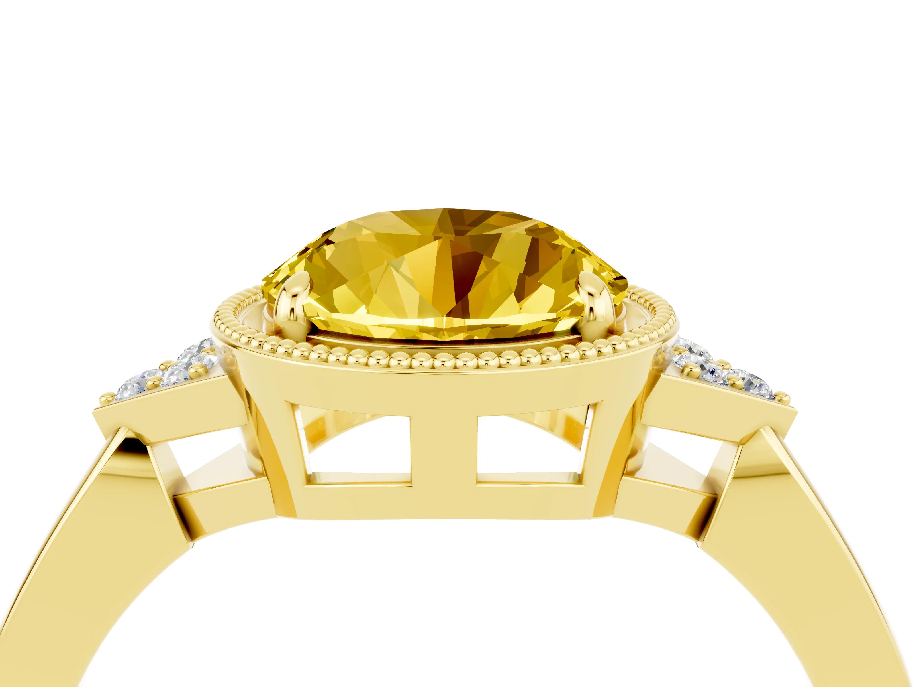 Yellow gold Round Cut Yellow Sapphire Halo Ring with Tapered Band and Four-Prong Setting_4