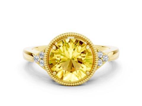 Yellow gold Round Cut Yellow Sapphire Halo Ring with Tapered Band and Four-Prong Setting