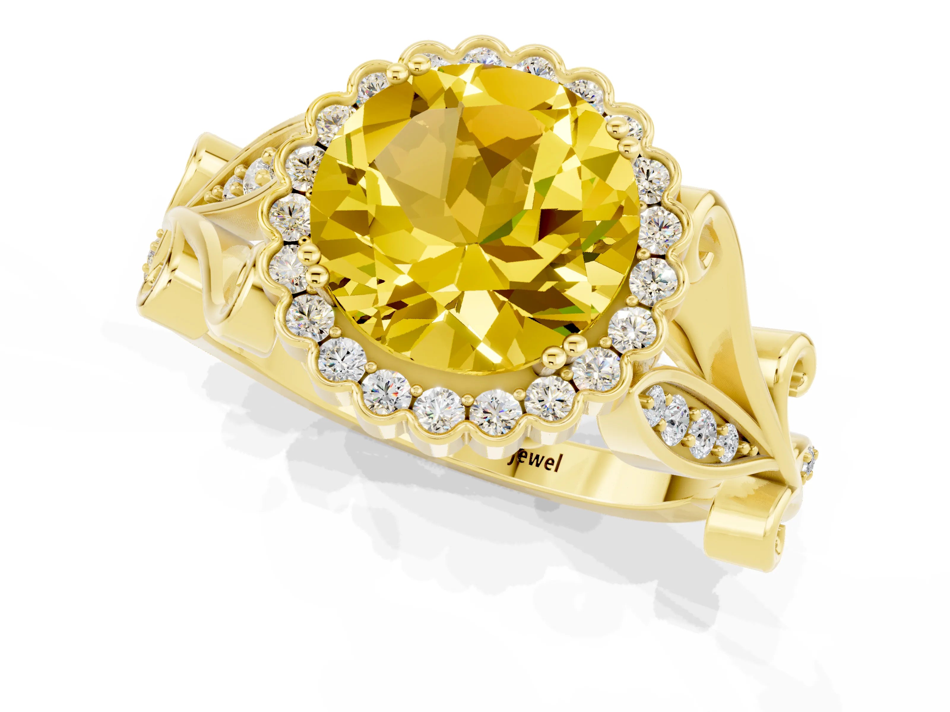 Yellow gold Round Cut Yellow Sapphire Halo Ring with Vintage Split Shank and Four-Prong Setting_1