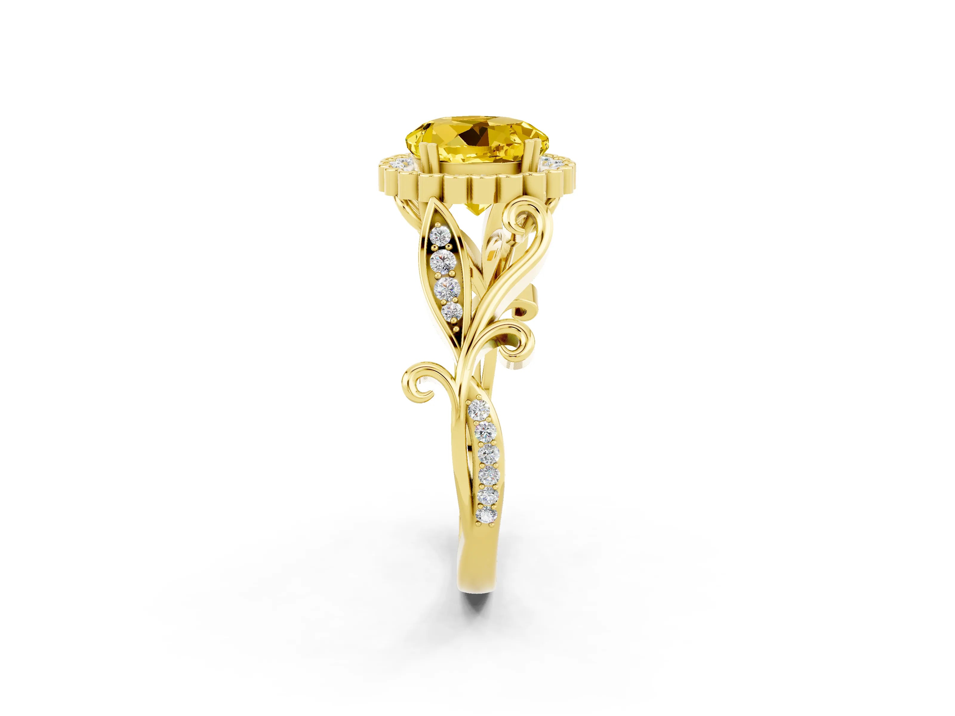 Yellow gold Round Cut Yellow Sapphire Halo Ring with Vintage Split Shank and Four-Prong Setting_2