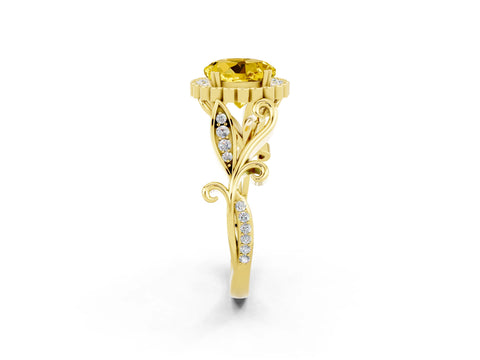 Yellow gold Round Cut Yellow Sapphire Halo Ring with Vintage Split Shank and Four-Prong Setting_2