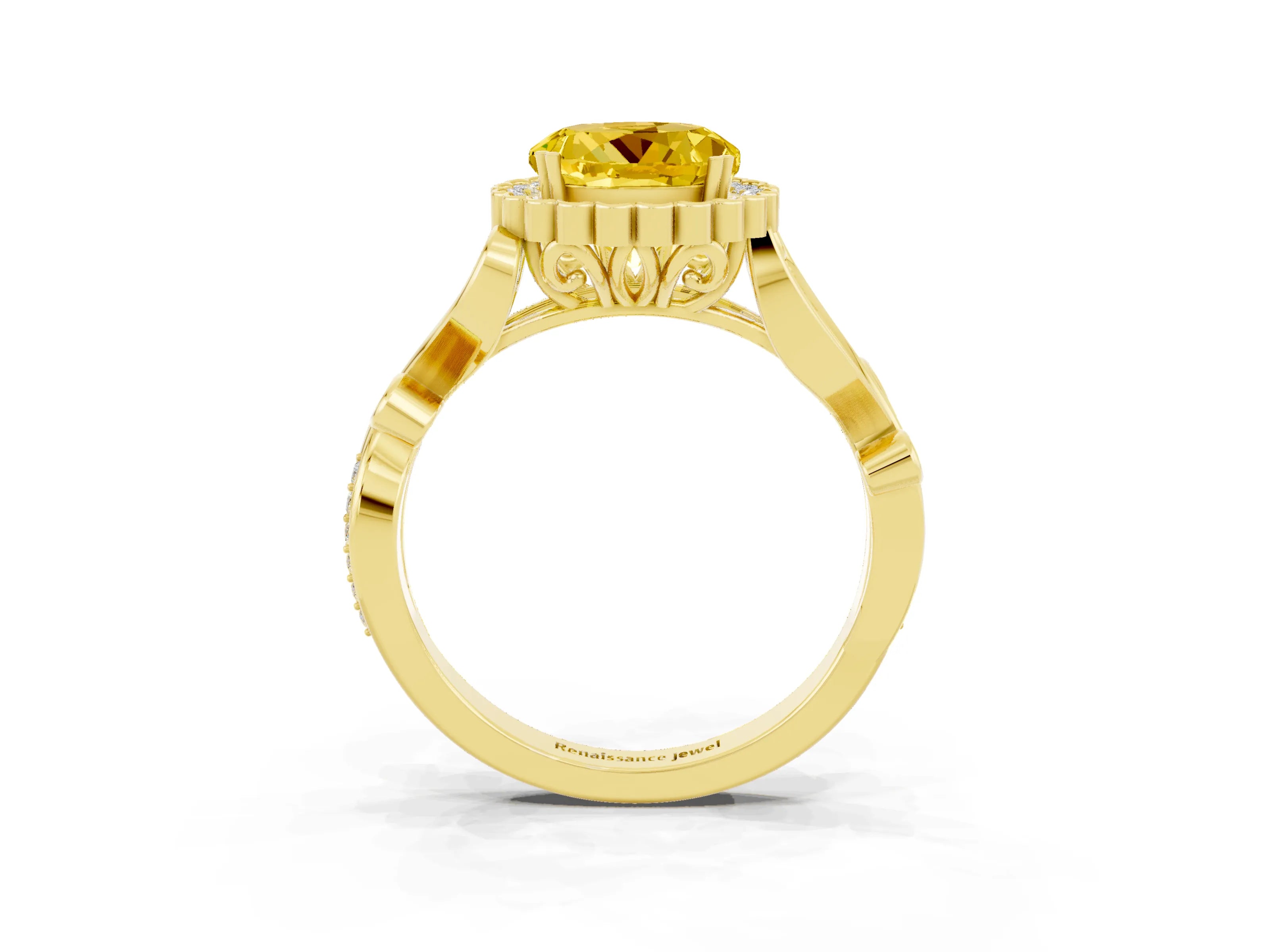Yellow gold Round Cut Yellow Sapphire Halo Ring with Vintage Split Shank and Four-Prong Setting_3