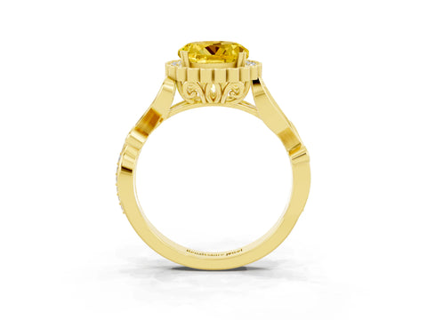 Yellow gold Round Cut Yellow Sapphire Halo Ring with Vintage Split Shank and Four-Prong Setting_3