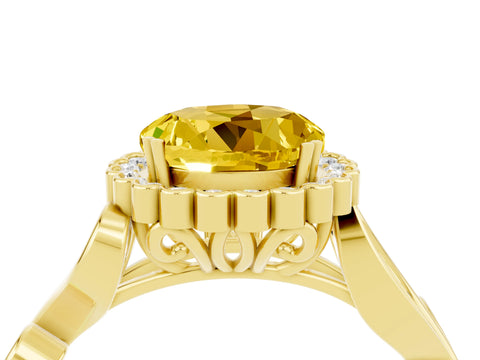 Yellow gold Round Cut Yellow Sapphire Halo Ring with Vintage Split Shank and Four-Prong Setting_4