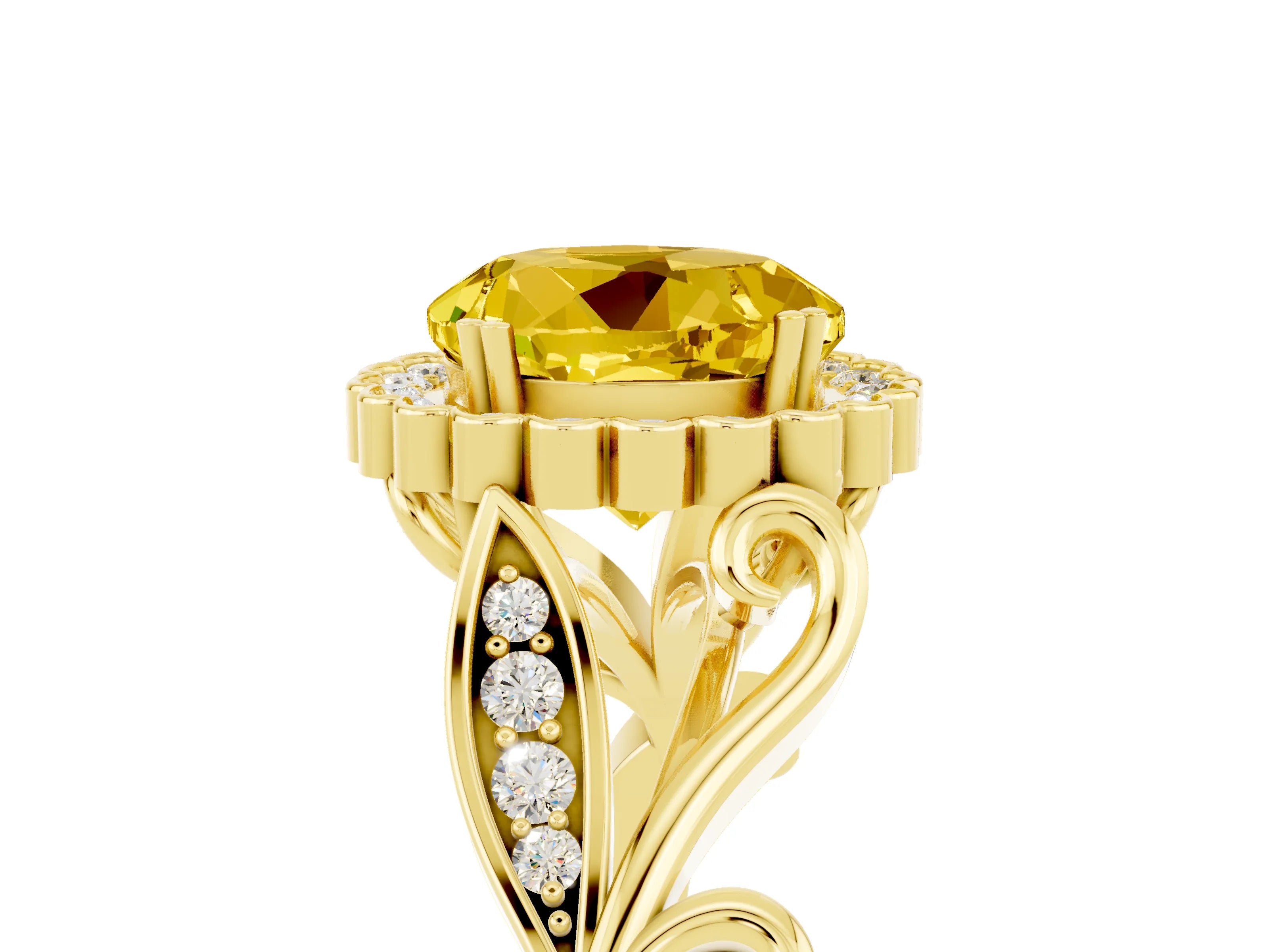 Yellow gold Round Cut Yellow Sapphire Halo Ring with Vintage Split Shank and Four-Prong Setting_5
