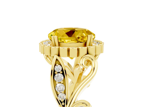 Yellow gold Round Cut Yellow Sapphire Halo Ring with Vintage Split Shank and Four-Prong Setting_5