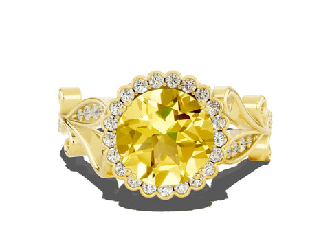 Yellow gold Round Cut Yellow Sapphire Halo Ring with Vintage Split Shank and Four-Prong Setting