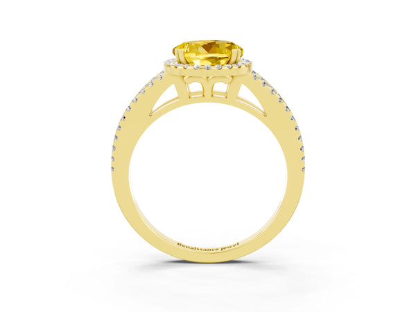 Yellow gold Round Cut Yellow Sapphire Halo Split Shank Engagement Ring