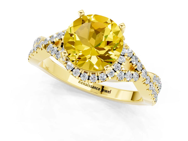 Yellow gold Round Cut Yellow Sapphire  Halo Twist Band Solitaire Prong Setting Ring