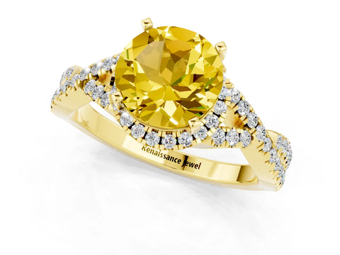 Yellow gold Round Cut Yellow Sapphire Halo Twist Band Solitaire Prong Setting Ring_25
