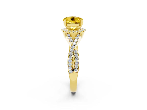Yellow gold Round Cut Yellow Sapphire  Halo Twist Band Solitaire Prong Setting Ring
