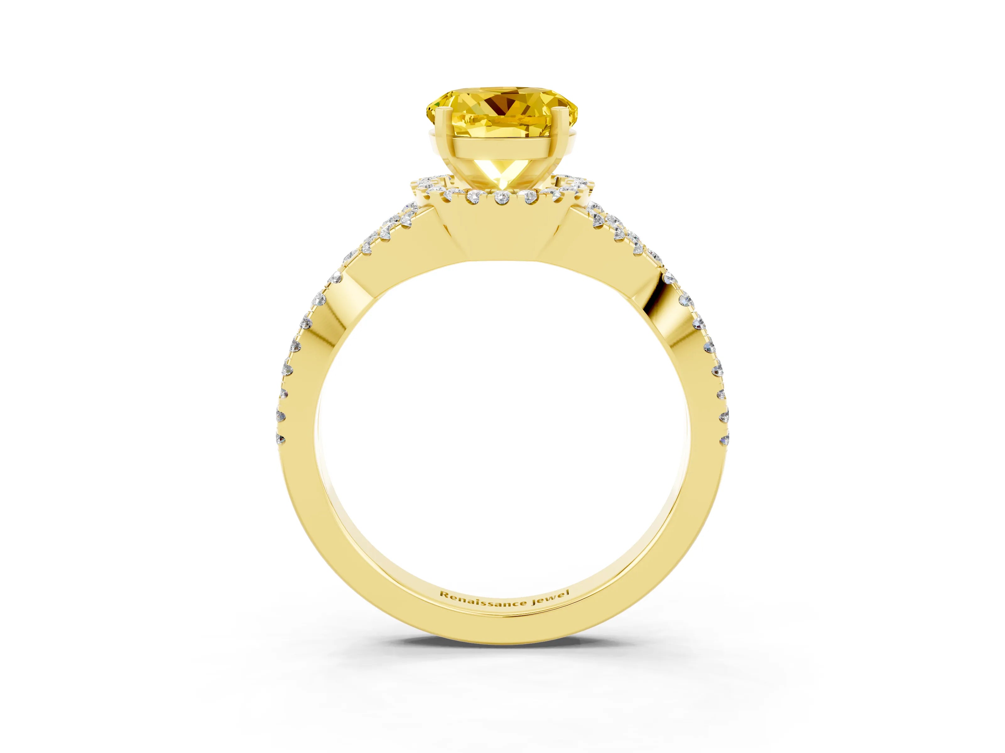 Yellow gold Round Cut Yellow Sapphire Halo Twist Band Solitaire Prong Setting Ring_27
