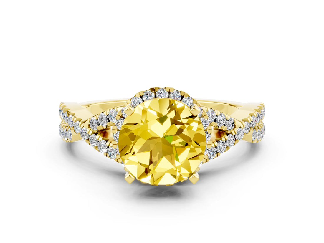 Yellow gold Round Cut Yellow Sapphire  Halo Twist Band Solitaire Prong Setting Ring_42