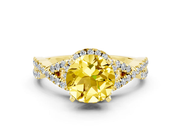 Yellow gold Round Cut Yellow Sapphire  Halo Twist Band Solitaire Prong Setting Ring