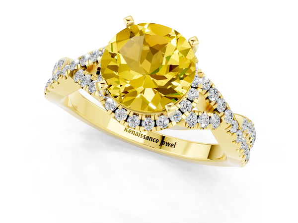 Yellow gold Round Cut Yellow Sapphire  Halo Twist Band Solitaire Prong Setting Ring