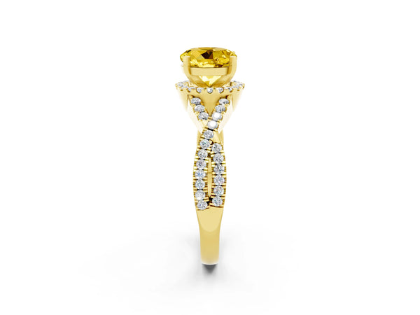 Yellow gold Round Cut Yellow Sapphire  Halo Twist Band Solitaire Prong Setting Ring