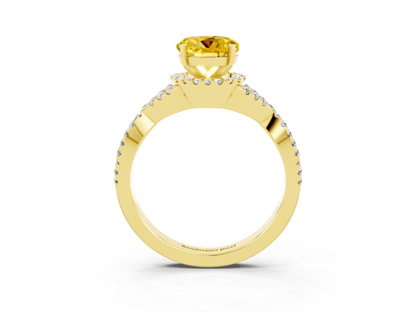 Yellow gold Round Cut Yellow Sapphire  Halo Twist Band Solitaire Prong Setting Ring