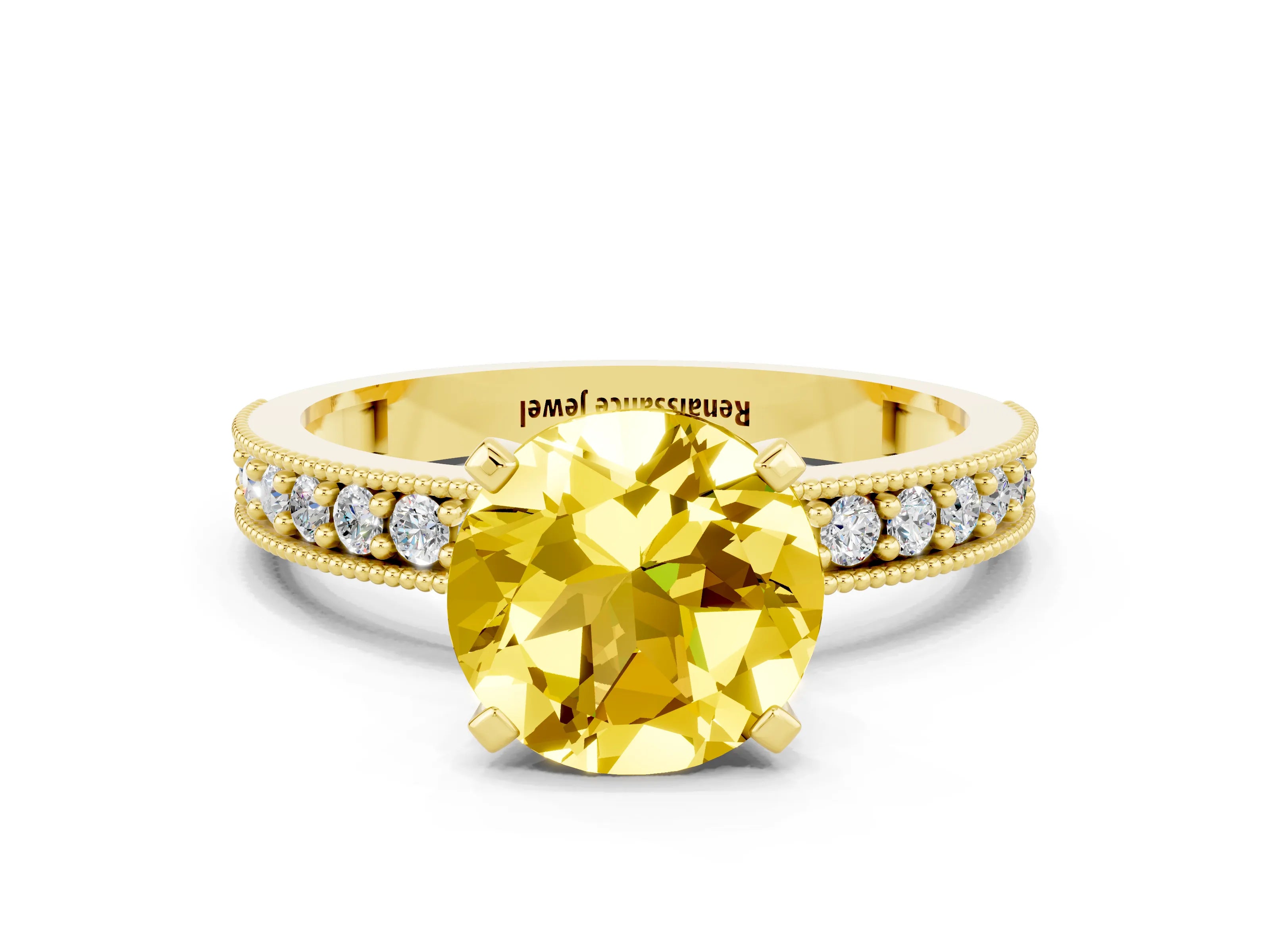 Yellow gold Round Cut Yellow Sapphire Milgrain Pavé Engagement Ring with Four-Prong Setting_24