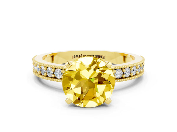 Yellow gold Round Cut Yellow Sapphire Milgrain Pavé Engagement Ring with Four-Prong Setting