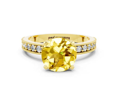 Yellow gold Round Cut Yellow Sapphire Milgrain Pavé Engagement Ring with Four-Prong Setting_24