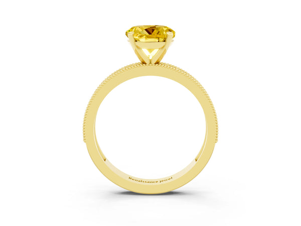 Yellow gold Round Cut Yellow Sapphire Milgrain Pavé Engagement Ring with Four-Prong Setting