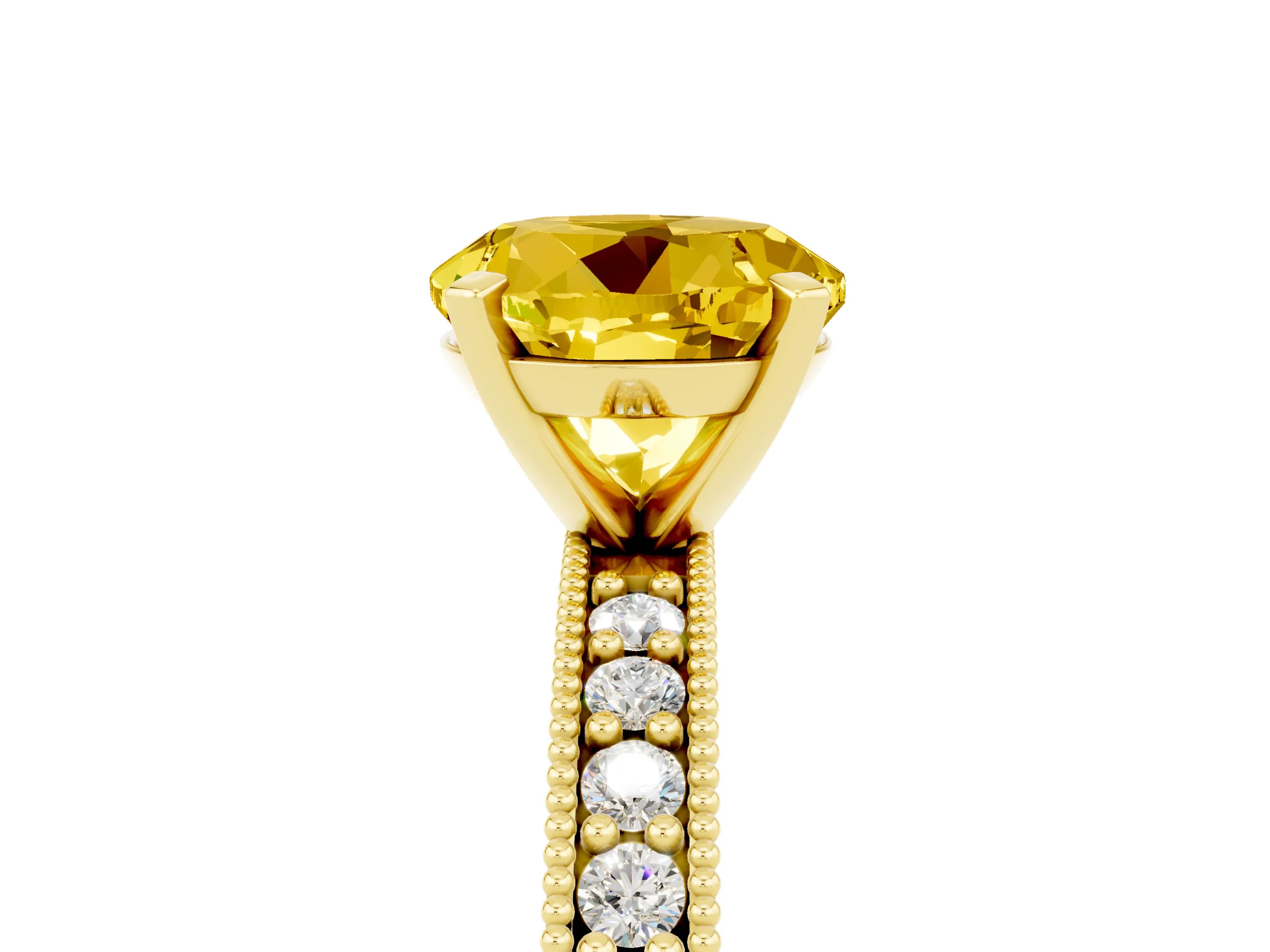 Yellow gold Round Cut Yellow Sapphire Milgrain Pavé Engagement Ring with Four-Prong Setting_29