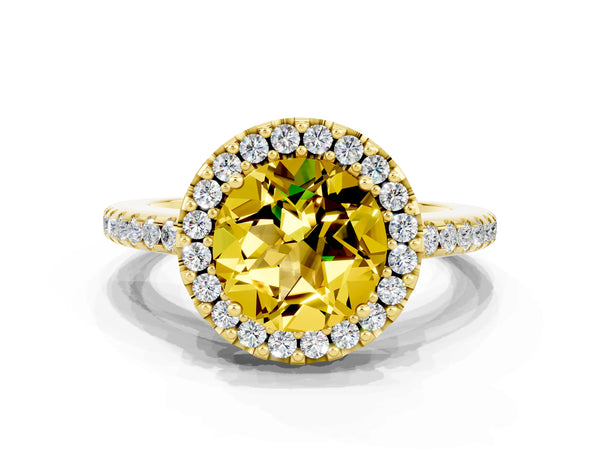 Yellow gold Round Cut Yellow Sapphire Pavé Halo Ring with Four-Prong Setting