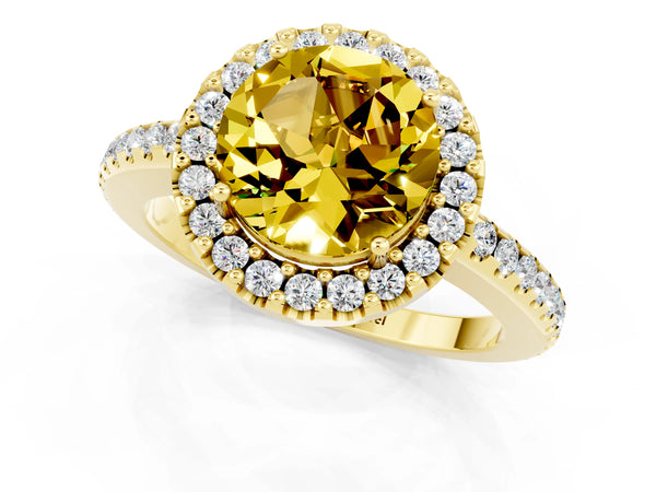 Yellow gold Round Cut Yellow Sapphire Pavé Halo Ring with Four-Prong Setting
