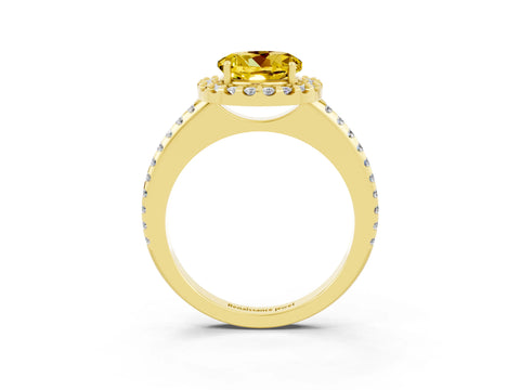 Yellow gold Round Cut Yellow Sapphire Pavé Halo Ring with Four-Prong Setting_15