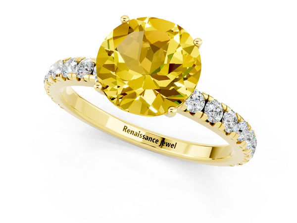 Yellow gold Round Cut Yellow Sapphire Pavé Solitaire Engagement Ring with Four-Prong Setting