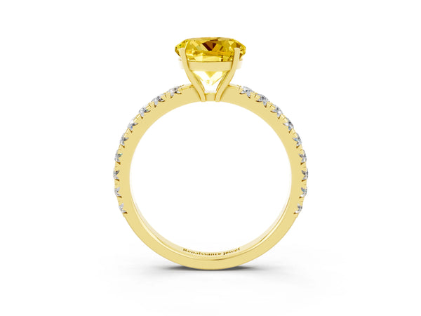 Yellow gold Round Cut Yellow Sapphire Pavé Solitaire Engagement Ring with Four-Prong Setting