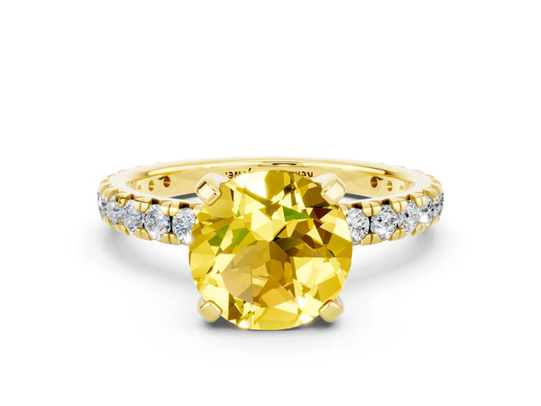 Yellow gold Round Cut Yellow Sapphire Pavé Solitaire Ring with Round Band and Prong Setting