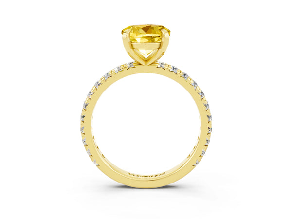 Yellow gold Round Cut Yellow Sapphire Pavé Solitaire Ring with Round Band and Prong Setting