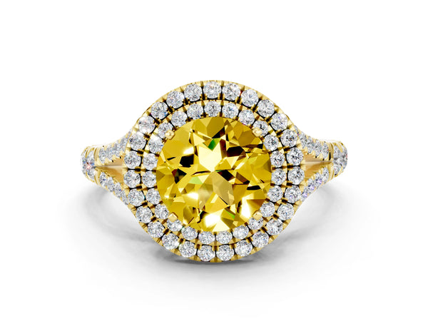 Yellow gold Round Cut Yellow Sapphire Pavé Split Shank Double Halo Engagement Ring