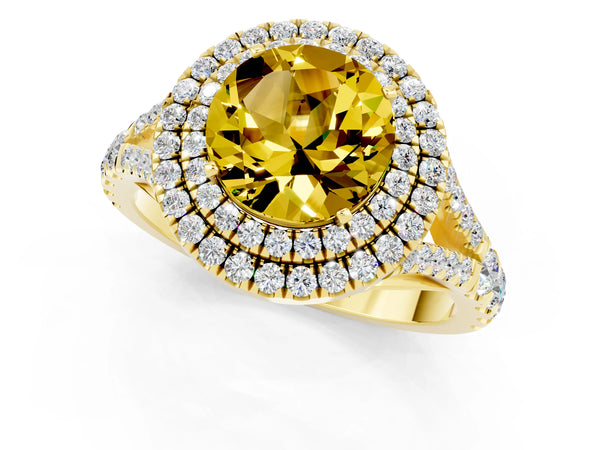 Yellow gold Round Cut Yellow Sapphire Pavé Split Shank Double Halo Engagement Ring
