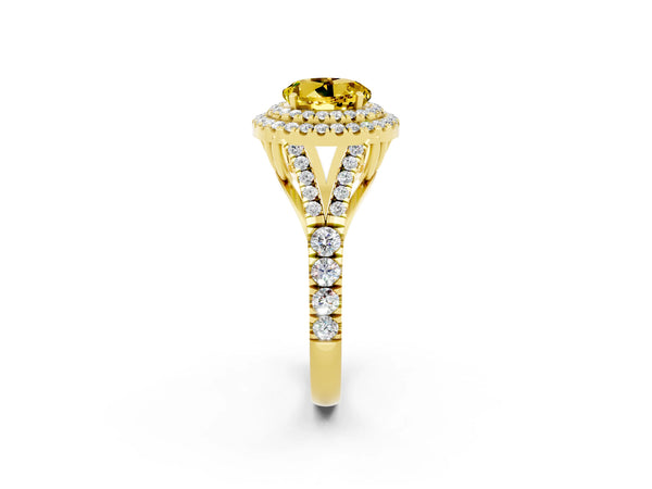 Yellow gold Round Cut Yellow Sapphire Pavé Split Shank Double Halo Engagement Ring