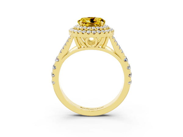 Yellow gold Round Cut Yellow Sapphire Pavé Split Shank Double Halo Engagement Ring