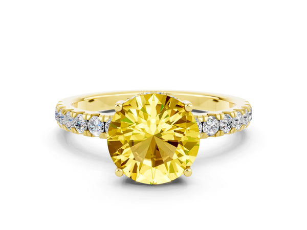 Yellow gold Round Cut Yellow Sapphire Pave Band Solitaire Ring with Round  and Prong Setting
