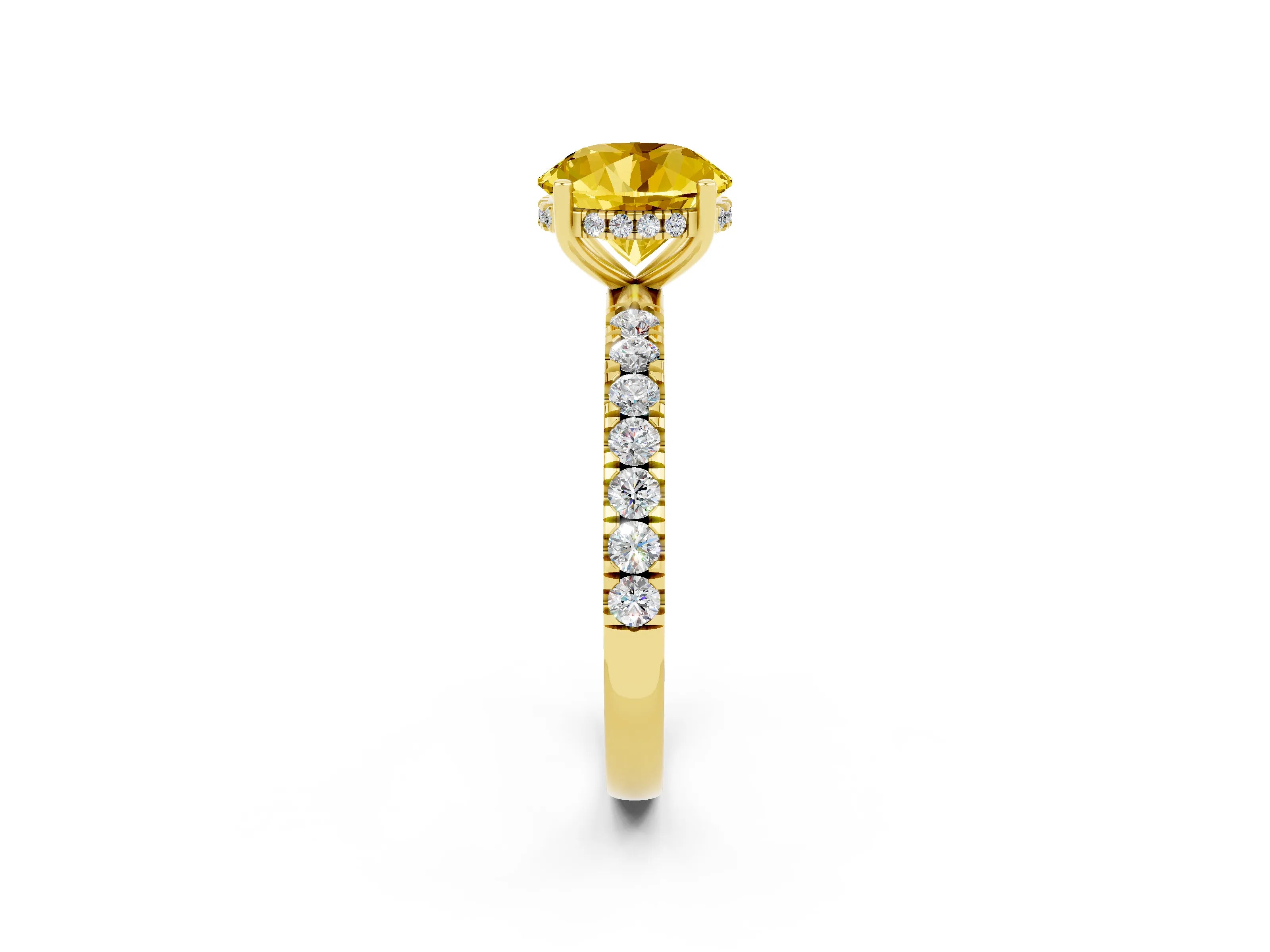 Yellow gold Round Cut Yellow Sapphire Pave Band Solitaire Ring with Four-Prong Setting_14