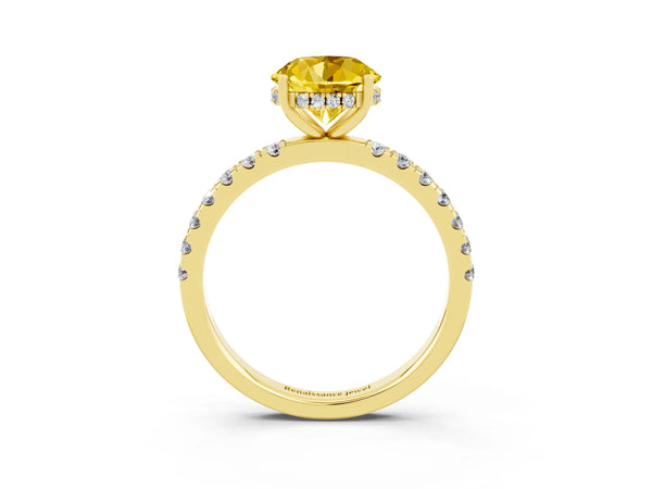 Yellow gold Round Cut Yellow Sapphire Pave Band Solitaire Ring with Round  and Prong Setting