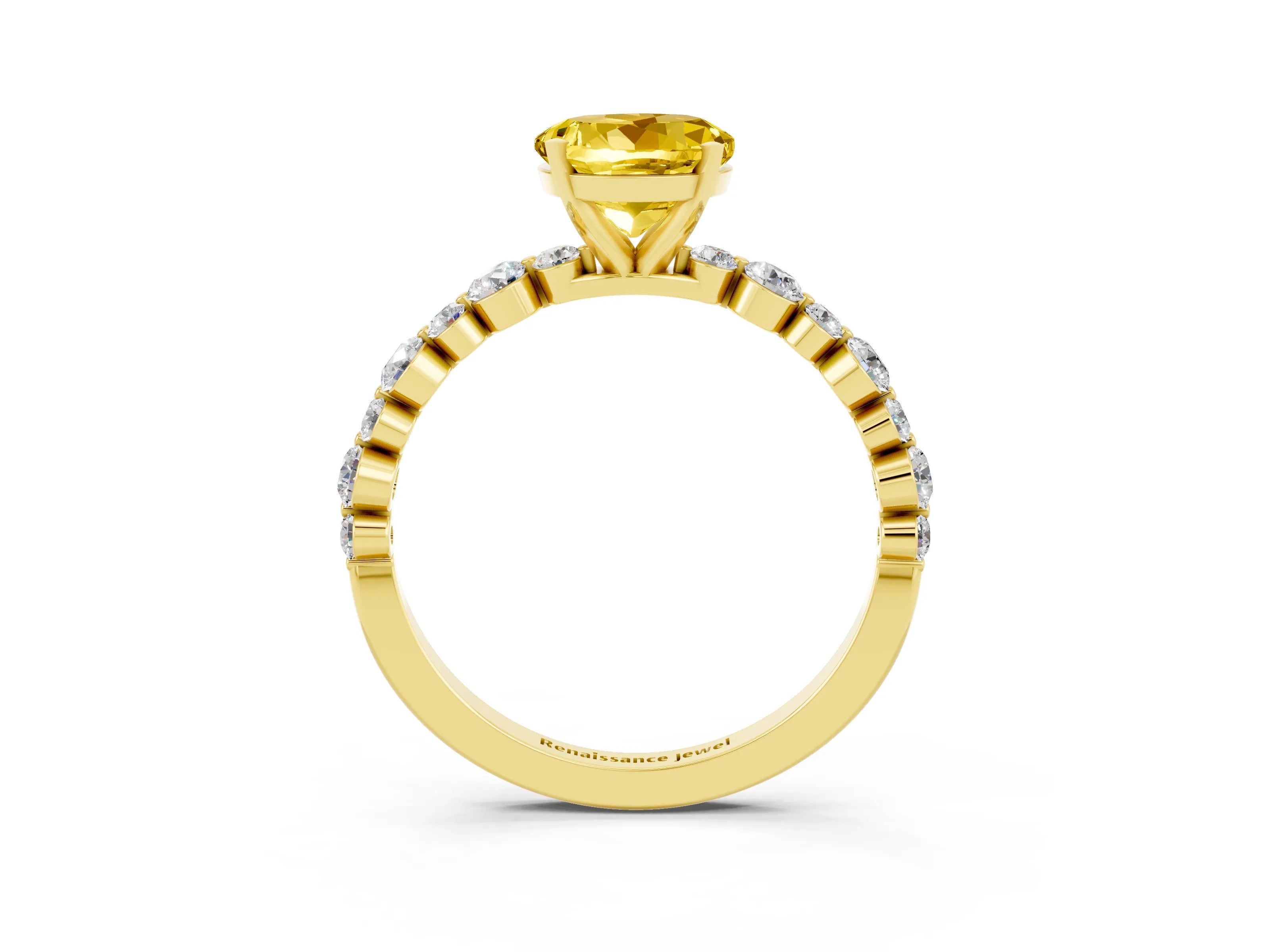 Yellow gold Round Cut Yellow Sapphire Prong Set Engagement Ring with Pavé Band_15