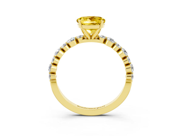 Yellow gold Round Cut Yellow Sapphire Prong Set Engagement Ring with Pavé Band