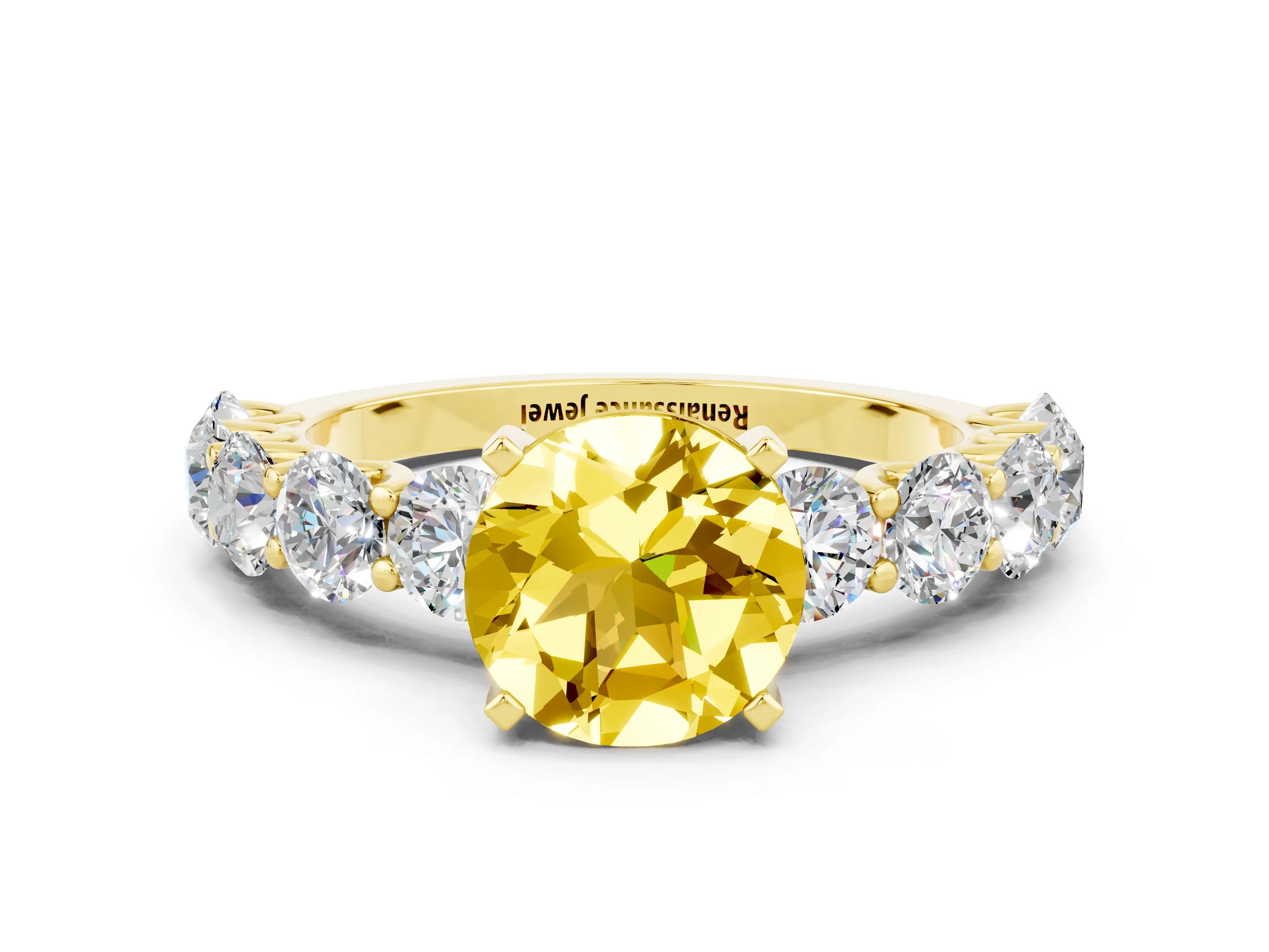 Yellow gold Round Cut Yellow Sapphire Prong Setting with Side Stones on a Pave Band_24